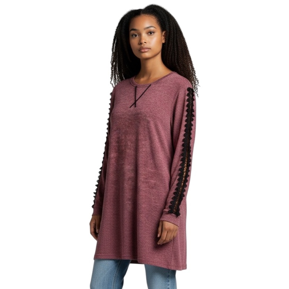 Belaroi Women’s Long Sleeve Lace Inlay Crew Neck Longline Knit Tunic Stretch 1X